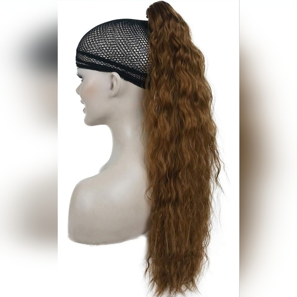 Golden Brown Curly Wavy Yaki Clip In Extensions Ponytail - Picture 2 of 5